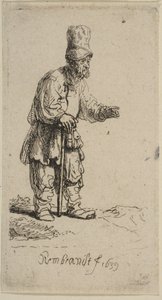 En bonde med hög mössa, stående lutad på en pinne, 1639. av Rembrandt van Rijn