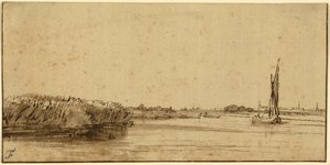 A Sailing Boat on a Wide Expanse of Water, c.1650 (penna och brunt bläck och brunt tvätt, på tonat papper) av Rembrandt van Rijn