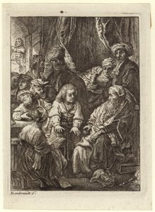 En folkmassa samlas runt en sittande gammal man. av Rembrandt van Rijn