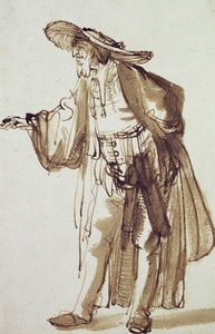 Skådespelare med bredbrättad hatt (penna och bläcktvätt på papper) av Rembrandt van Rijn
