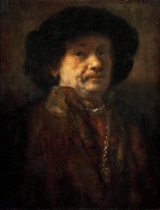 Självporträtt i päls med guldkedja och örhänge, av Rembrandt van Rhijn (1606-1669). olja på trä av Rembrandt van Rijn