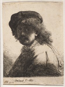 Självporträtt med basker och sjal av Rembrandt van Rijn