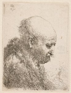 Skallig man (Rembrandts far) i profil åt höger; liten byst av Rembrandt van Rijn