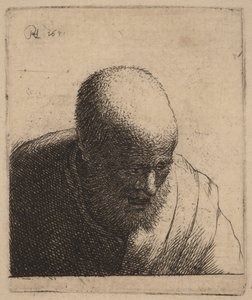 En skallig man med öppen mun som tittar ner av Rembrandt van Rijn