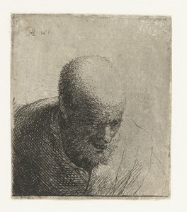 Skallig man med öppen mun, tittar ner: byst av Rembrandt van Rijn