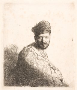 Skäggig man (Rembrandts far) i orientalisk mössa och mantel med pälskant: halvfigur av Rembrandt van Rijn