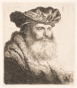 Skäggig man som bär en sammetsmössa med juvellås av Rembrandt van Rijn