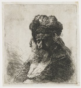 Skäggig gubbe i en hög pälsmössa, med slutna ögon av Rembrandt van Rijn