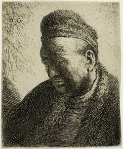 Skägglös man i pälsmantel och mössa: byst av Rembrandt van Rijn