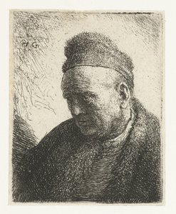 Skägglös man i pälskappa och mössa: byst av Rembrandt van Rijn