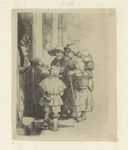 Tiggerfamiljen får allmosor vid dörren till ett hus Recueil de quatre-vingt-cinq estampes originales (serietitel) av Rembrandt van Rijn