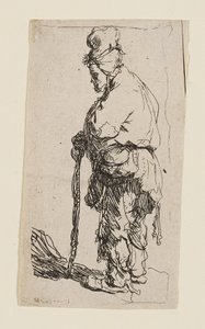 Tiggare lutad mot en käpp, vänd åt vänster av Rembrandt van Rijn