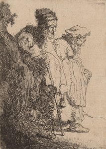 Tiggare Man och kvinna bakom en bank, ca. 1630. av Rembrandt van Rijn