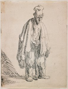 Tiggare med hög keps som stöder sig på en käpp av Rembrandt van Rijn