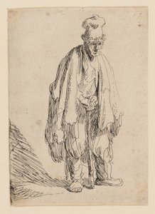 Tiggare i hög mössa, stående och lutad på en pinne av Rembrandt van Rijn