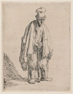 Tiggare med hög keps, stående och lutad mot en käpp av Rembrandt van Rijn