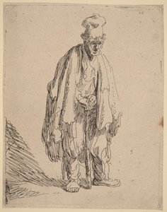 Tiggare med hög keps, stående och lutad mot en käpp av Rembrandt van Rijn