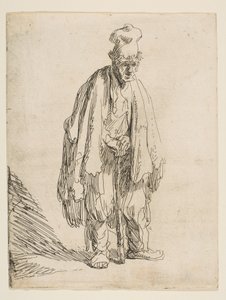 Tiggare i hög mössa, stående och lutad på en pinne, ca. 1629. av Rembrandt van Rijn