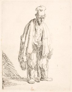 En tiggare med en hög keps, som står och lutar sig mot en käpp av Rembrandt van Rijn