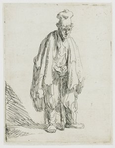 En tiggare med en hög keps, som står och stöder sig på en käpp av Rembrandt van Rijn