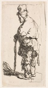 Tiggare som stöder sig på en käpp, vänd mot vänster av Rembrandt van Rijn