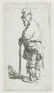 Tiggare som stöder sig på en käpp, vänd mot vänster av Rembrandt van Rijn