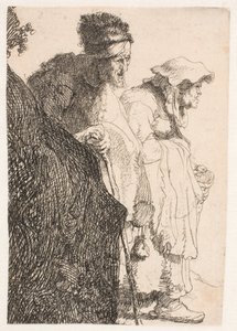 En tiggare och en tiggarkvinna bakom en bank av Rembrandt van Rijn