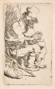 En tiggare som sitter och värmer händerna vid en värmebehållare av Rembrandt van Rijn