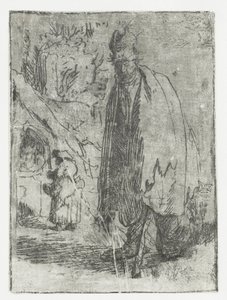 Tiggare med en stuga och två figurer i bakgrunden av Rembrandt van Rijn
