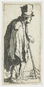 Tiggare med knuten hand, som stöder sig på en käpp av Rembrandt van Rijn