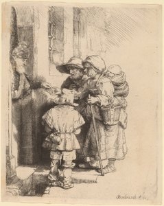 Tiggare som tar emot allmosor vid dörren till ett hus av Rembrandt van Rijn