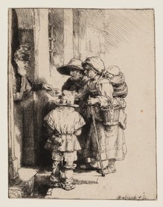Tiggare som tar emot allmosor vid dörren till ett hus av Rembrandt van Rijn