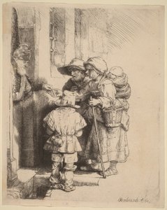 Tiggare som tar emot allmosor vid dörren till ett hus av Rembrandt van Rijn