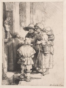 Tiggare som tar emot allmosor vid dörren till ett hus av Rembrandt van Rijn