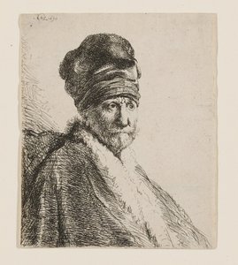 Byst av en man med en hög keps av Rembrandt van Rijn