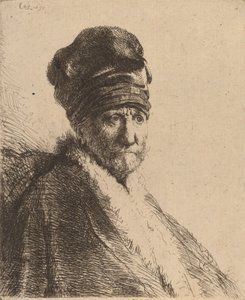 Byst av en man med hög keps, tre fjärdedels höger Konstnärens far, 1630. av Rembrandt van Rijn
