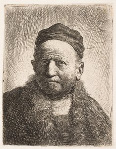 Byst av en man (Rembrandts far) i framifrånperspektiv, iklädd en tättsittande mössa av Rembrandt van Rijn