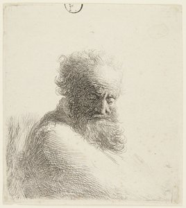 Byst av en äldre man som blickar nedåt, i trekvartsprofil åt höger av Rembrandt van Rijn