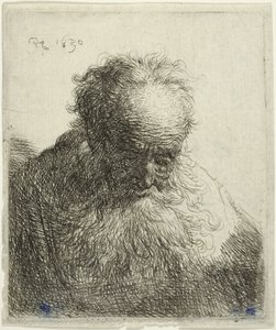 Byst av en gammal man med flödande skägg: Huvudet böjt framåt: vänster axel oskuggad av Rembrandt van Rijn