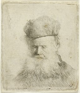 Byst av en gammal man med en pälsmössa och flödande skägg, nästan fullt ansikte av Rembrandt van Rijn