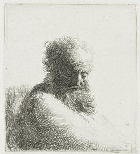 Byst av en gammal skäggig man, tittar ner, tre fjärdedelar höger av Rembrandt van Rijn