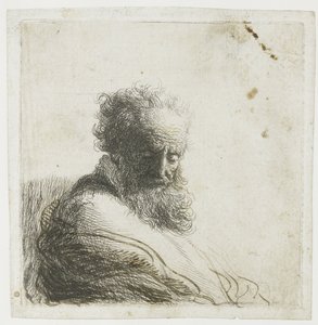 Byst av en gammal skäggig man, tittar ner, tre fjärdedelar höger av Rembrandt van Rijn