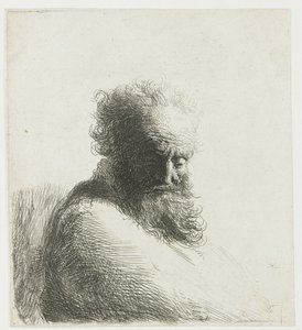 Byst av en gammal skäggig man, tittar ner, tre fjärdedelar höger av Rembrandt van Rijn