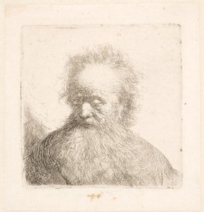 Byst av en äldre man med flödande skägg: huvudet nästan upprätt: blicken riktad nedåt: blicken riktad något åt vänster av Rembrandt van Rijn
