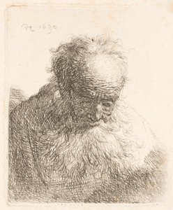 Byst av en äldre man med fladdrande skägg: huvudet böjt framåt; vänster axel utan skugga av Rembrandt van Rijn