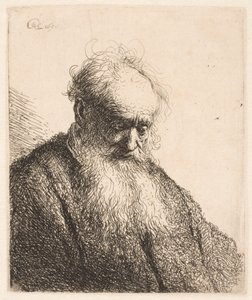 Byst av en äldre man med fladdrande skägg: huvudet lutat tre fjärdedelar åt höger av Rembrandt van Rijn