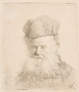 Byst av en äldre man med pälsmössa och långt skägg: nästan i helprofil: blicken riktad rakt fram av Rembrandt van Rijn