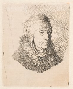 Byst av en äldre kvinna med en hög huvudbonad som är fastbunden runt hakan av Rembrandt van Rijn