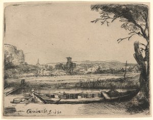 Kanal med en stor båt och bro av Rembrandt van Rijn