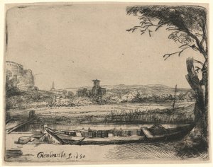 Kanal med en stor båt och en bro av Rembrandt van Rijn